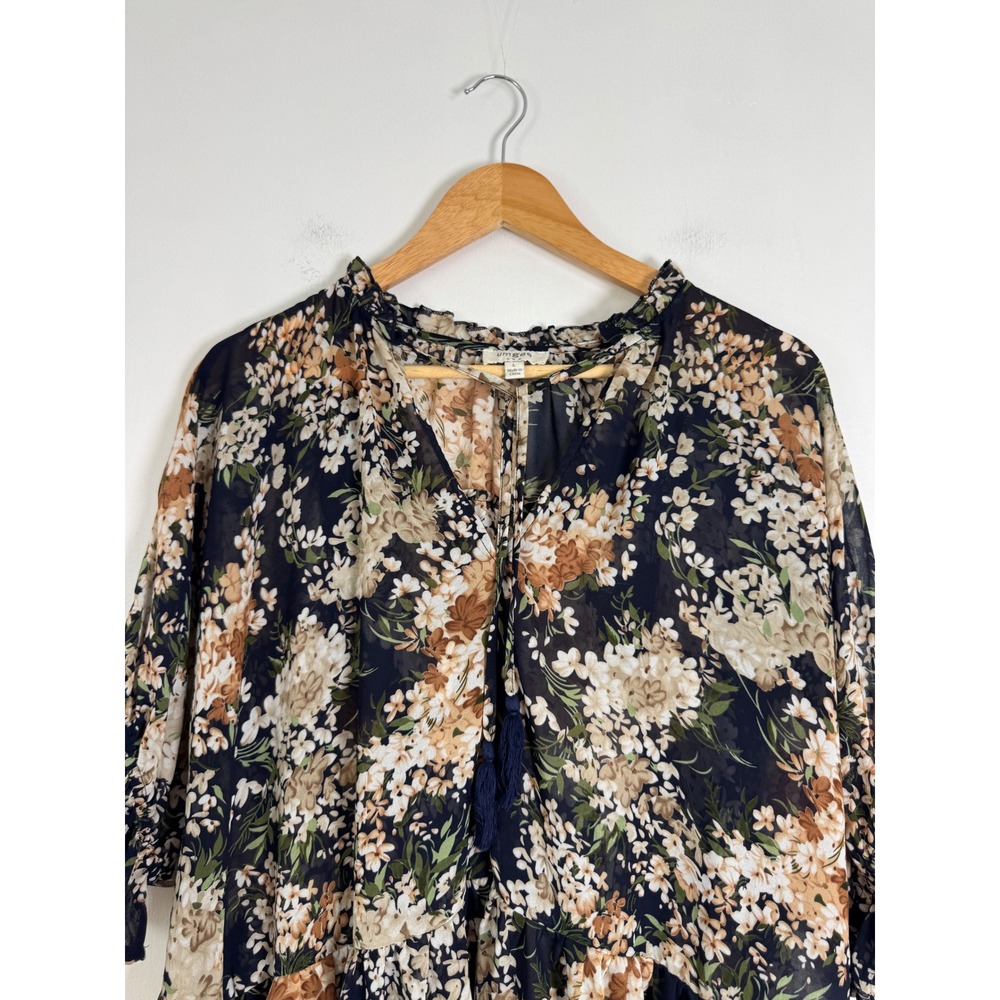 Boho Umgee Womens L Blouse Navy Floral Ruffle Peplum Tassel Chiffon C2536 - Picture 8 of 9